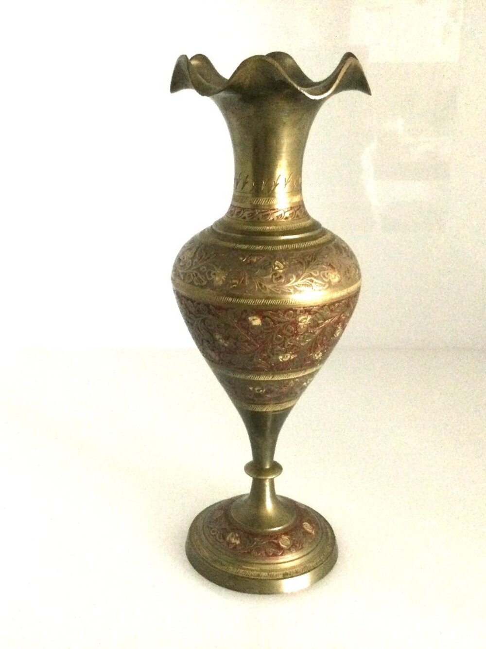 Vintage Etched‎ Enameled Brass Vase Fluted Edge 10" tall by 3.5" wide